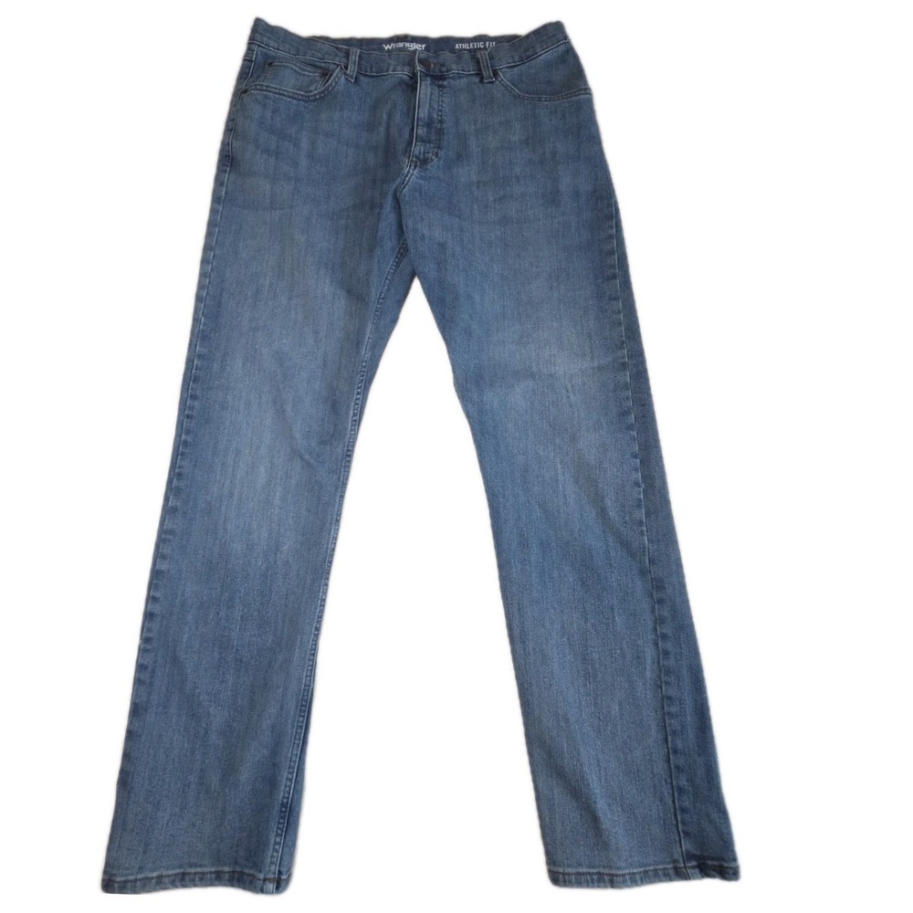 WRANGLER Athletic Fit Jeans Mens 36x32 Blue Cotton Denim Straight Faded Stretch
